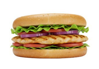 Delicious grilled chicken sandwich with fresh lettuce, tomato, and red onion on a soft bun, isolated on a white background.