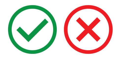Check mark and cross mark icon button. Colourful check box icon. Right and wrong buttons. Yes or no checkmark icons. Green tick box and red cross box on white background. EPS 10. 