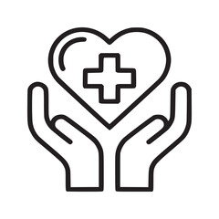 Outline drawing of hands holding heart with plus sign for health and care concept illustration