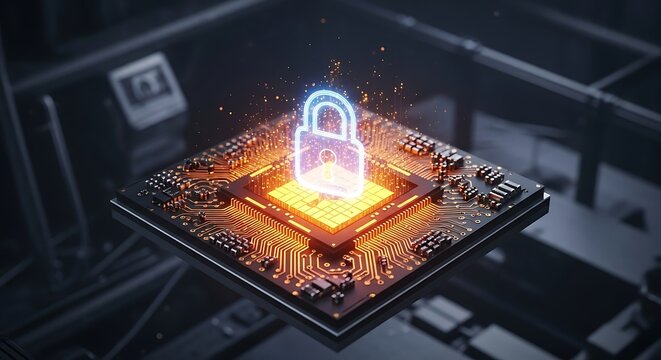 Data security concept padlock with circuit board computer chip