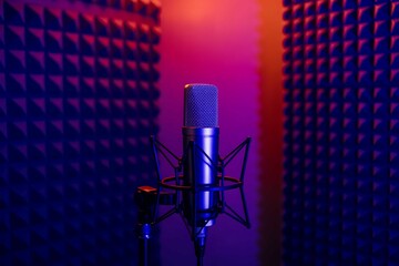 Studio microphone recording audio podcast neon lighting setup