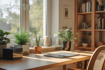 Cozy home office setup with plants and natural light desk