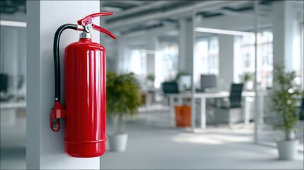 Obraz premium Fire Extinguisher on White Wall in Modern Office: Safety Equipment for Emergency Response