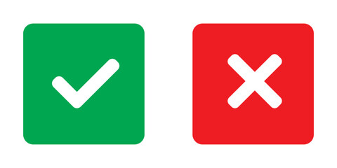 Obraz premium Check mark and cross mark icon button. Check box icon. Right and wrong buttons. Yes or no checkmark icons. Green tick box and red cross box on white background. EPS 10.