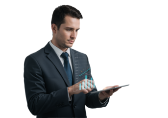 Business professional analyzing data on a tablet, visualizing growth and financial insights