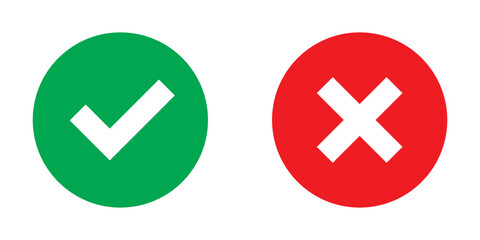 Check mark and cross mark icon button. Colourful check box icon. Right and wrong buttons. Yes or no checkmark icons. Green tick box and red cross box on white background. 