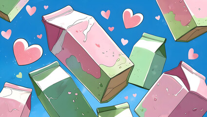 Pastel Pink and Green Milk Cartons Floating on Blue Background with Hearts