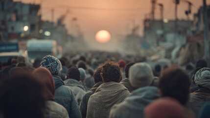 A diverse group of volunteers distributing food in a refugee camp during sunset, warm tones, hopeful atmosphere