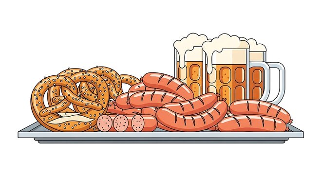 Delicious German Cuisine Featuring Traditional Pretzels, Sausages, and Craft Beer - Perfect for Oktoberfest Celebrations, Food Festivals, and Culinary Experiences Highlighting Comfort Food Traditions - Powered by Adobe
