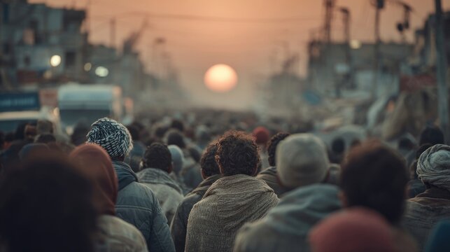 A diverse group of volunteers distributing food in a refugee camp during sunset, warm tones, hopeful atmosphere