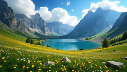 Obraz premium Serene Mountain Meadows With Lush Grasses and Wildflowers in High Altitude