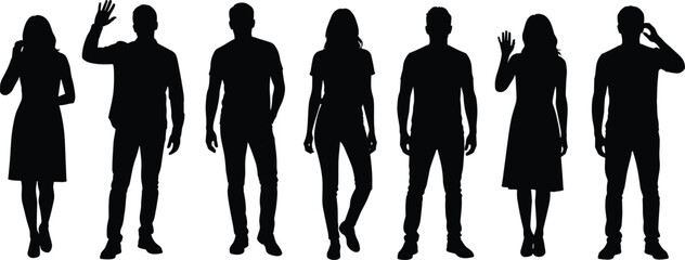 Silhouette people standing, walking, waving, talking, vector illustration of men and women poses, isolated on white background, communication, human figures