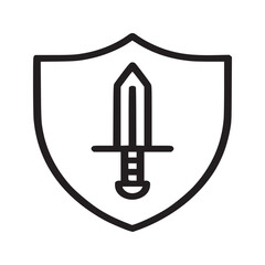 A simple line drawing of a shield with a sword in the center on a white background illustration