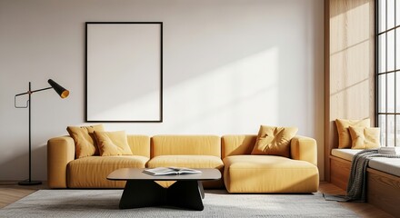 Modern living room interior with yellow sofa, lamp, and blank picture frame