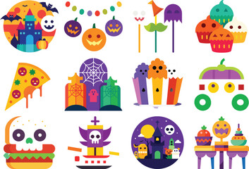 Naklejka premium Halloween Colorful Food and Party Icon Set – Haunted House, Spooky Snacks, Cupcakes, Pizza, and Cartoon Characters Vector