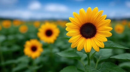 Obraz premium A close up of a yellow sunflower in a field of flowers