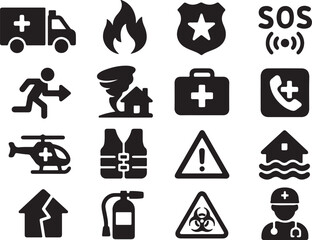 Emergency and Safety Glyph Icon Set – Ambulance, Fire, Police, SOS, Evacuation, Medical Aid, Disaster Response, Black Silhouette