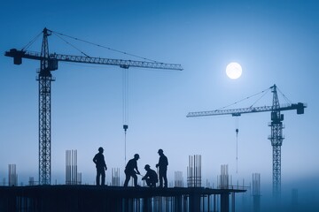 Construction Site at Night with Cranes and Workers Silhouetted Against Moonlight, Blue Toned