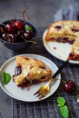 Homemade Cherry Almond Cake - Summer desserts, selective focus