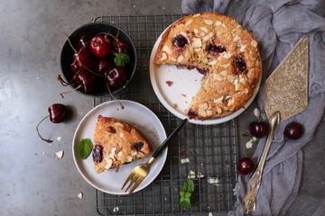 Homemade Cherry Almond Cake - Summer desserts, selective focus