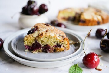 Homemade Cherry Almond Cake - Summer desserts, selective focus