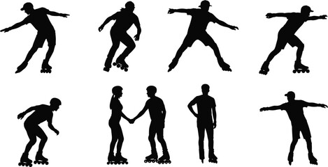 Silhouette roller skating people, inline skaters in various poses, couple holding hands, outdoor sport activity, skating balance, leisure exercise, vector illustration