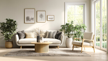 Clean and Stylish Nordic-Inspired Living Room Featuring Soft White Sofa, Scandinavian Design Elements, and Warm Photographic Tones