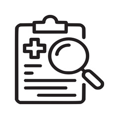 A clipboard with a medical cross and lines and a magnifying glass icon in black and white outline