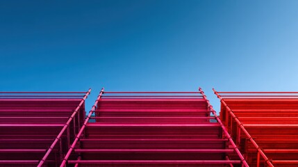 A row of red scaffolding is on top of a building