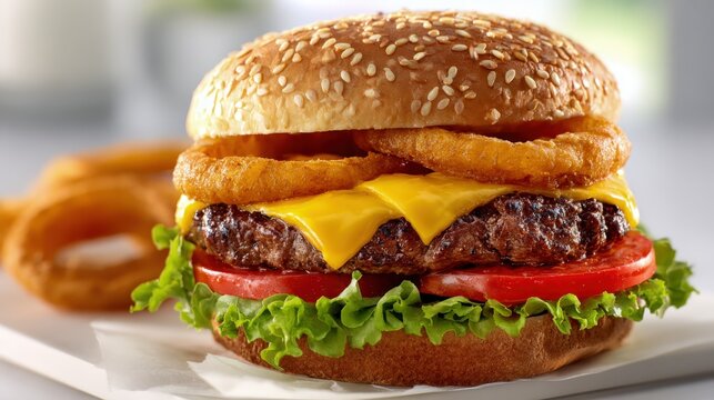 Delicious Burger with Onion Rings, Cheese, Tomato, and Lettuce on a Sesame Seed Bun
