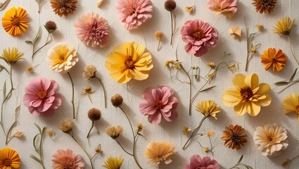 Warm Botanical Harmony: Colorful Dried Flowers on Soft Beige