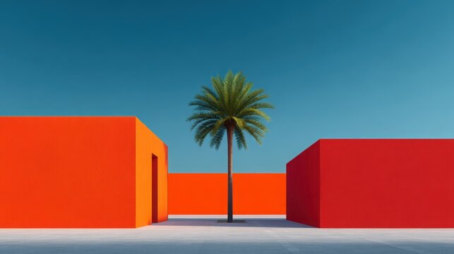 A palm tree is standing in front of a red building