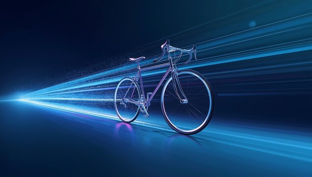 A bicycle rendered with glowing lines and speed lines on a dark blue and light blue gradient background