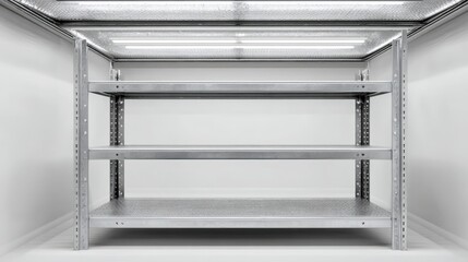 Empty Metal Shelving Unit with Three Levels, Industrial Storage Solution, Isolated in a White Room