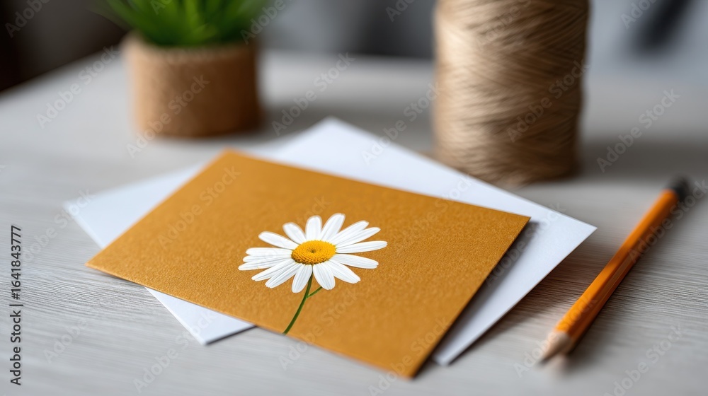 Canvas Prints a yellow card with a white flower on it sits on a table