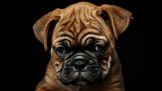 Adorable brown pug puppy with wrinkled face and soulful eyes against black background, close-up portrait showing detailed facial features and expressive look.