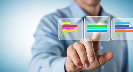 Businessman touching interactive financial data charts on screen