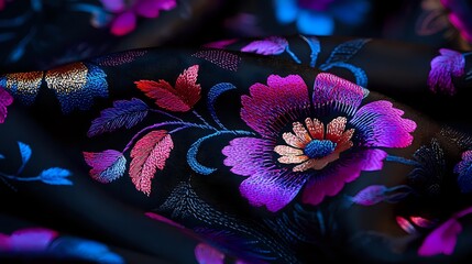 Vibrant floral embroidery pattern on black fabric featuring pink, purple, and blue blooms with metallic thread details, creating an elegant oriental textile design.