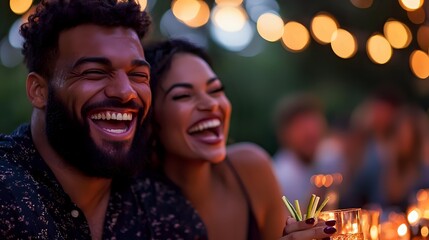 Young diverse couple laughing at outdoor evening party with string lights and candles, celebrating special occasion with friends in garden setting.