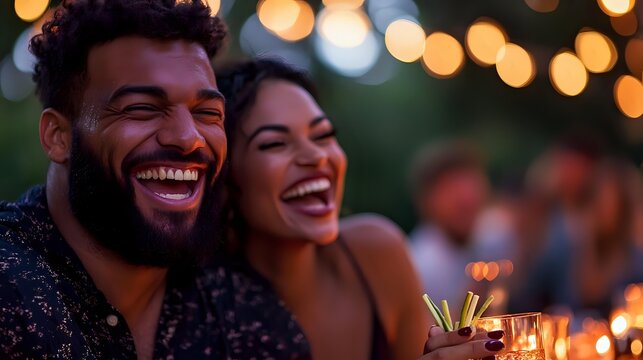 Young diverse couple laughing at outdoor evening party with string lights and candles, celebrating special occasion with friends in garden setting.
