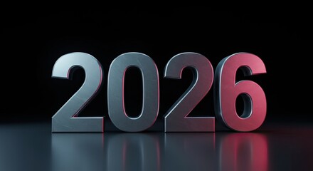 2026:  Metallic New Year's Eve Countdown, Dark Red & Gray 3D Render