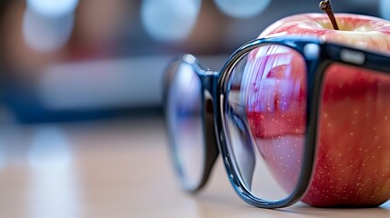 Fresh red apple reflecting in black frame eyeglasses with blurred bokeh background, creative optical still life composition for vision care concept.