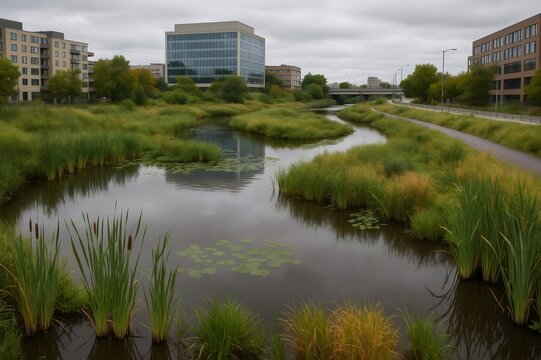 Serene wetland flourishing amidst modern buildings, showcasing sustainable urban development and integration of nature into city landscapes