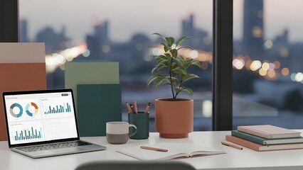 Modern professional workspace with laptop showing data charts and city view