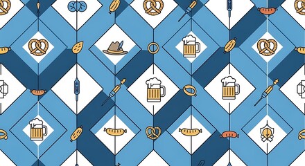Festive Bavarian Themed Background Pattern Featuring Beer, Pretzels, and Sausages for Creative Designs, Event Marketing, and Promotional Materials Related to Oktoberfest Celebrations