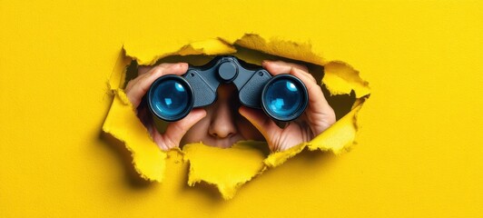 The binoculars revealing a curious person's gaze through a vibrant yellow hole.