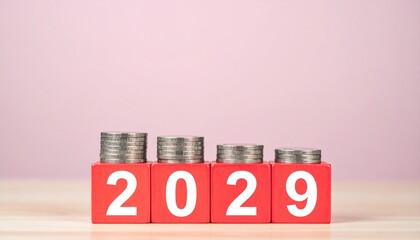 Stacks of coins arranged on red blocks with the numbers 2029, symbolizing financial planning and projections