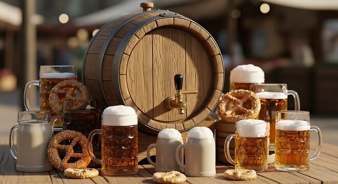 Festive Beer Display with Traditional German Pretzels, Wooden Barrel, and Variety of Glasses Ideal for Food Festivals, Oktoberfest Celebrations, and Breweries – Perfect for Food & Beverage Marketing