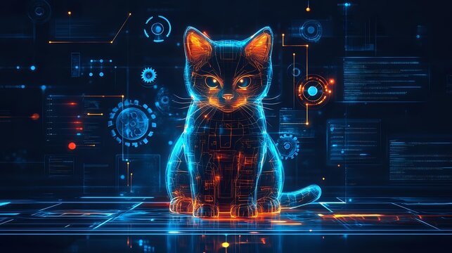 Glowing neon cat silhouette with digital circuit elements and futuristic interface on dark background, cyberpunk style artwork for technology concepts.