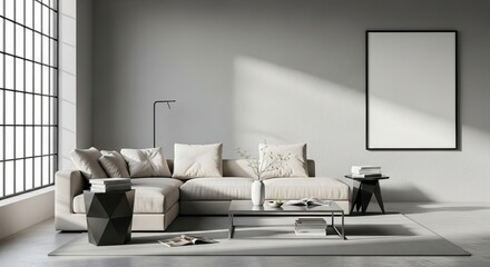 Modern living room interior with sofa, table, and blank frame mockup on gray wall